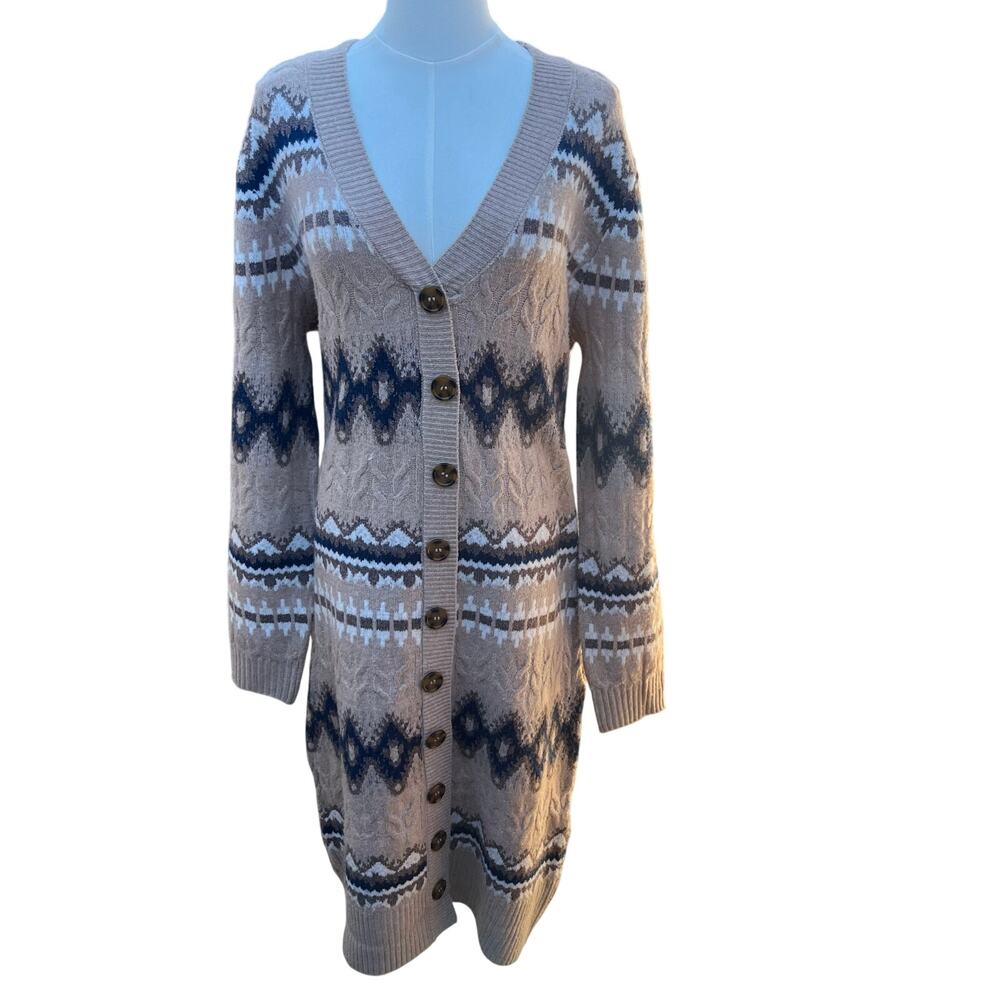LUCKY BRAND Midi Sweater Dress  Nordic Beige Blue Gray Fair Isle Ski Snow Sz L